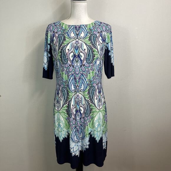 Eliza J Dress size 6 Blue Green White Paisley Straight Stretch Modest Career - Picture 3 of 11